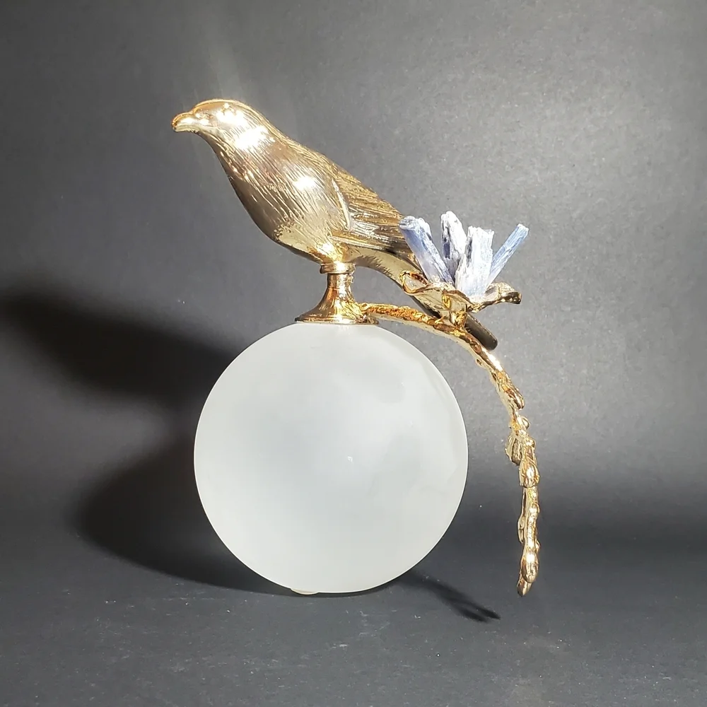 Modern Minimalist Art Glass Sculpture with Gold Tone Bird  & Quartz Gemstones